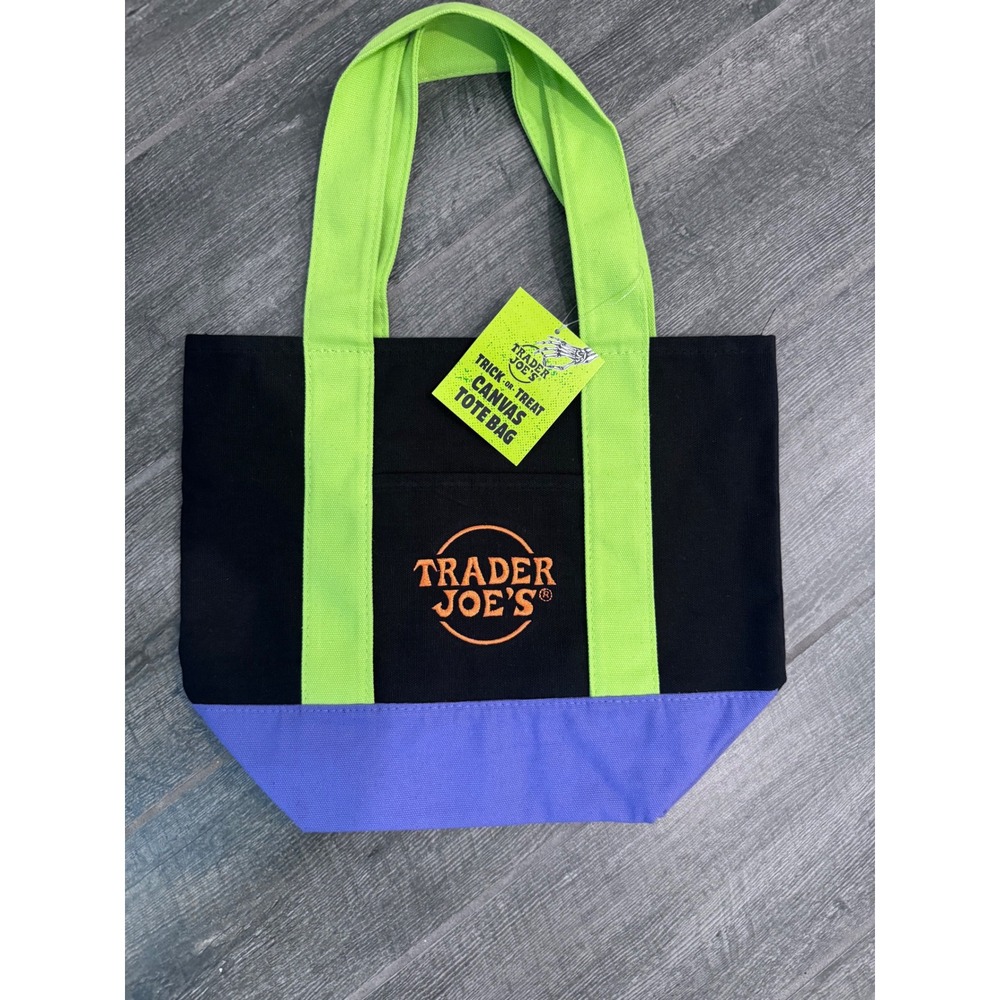 Trader Joes Trick or Treat Mini Canvas Tote Bag Halloween Black Green Purple NWT